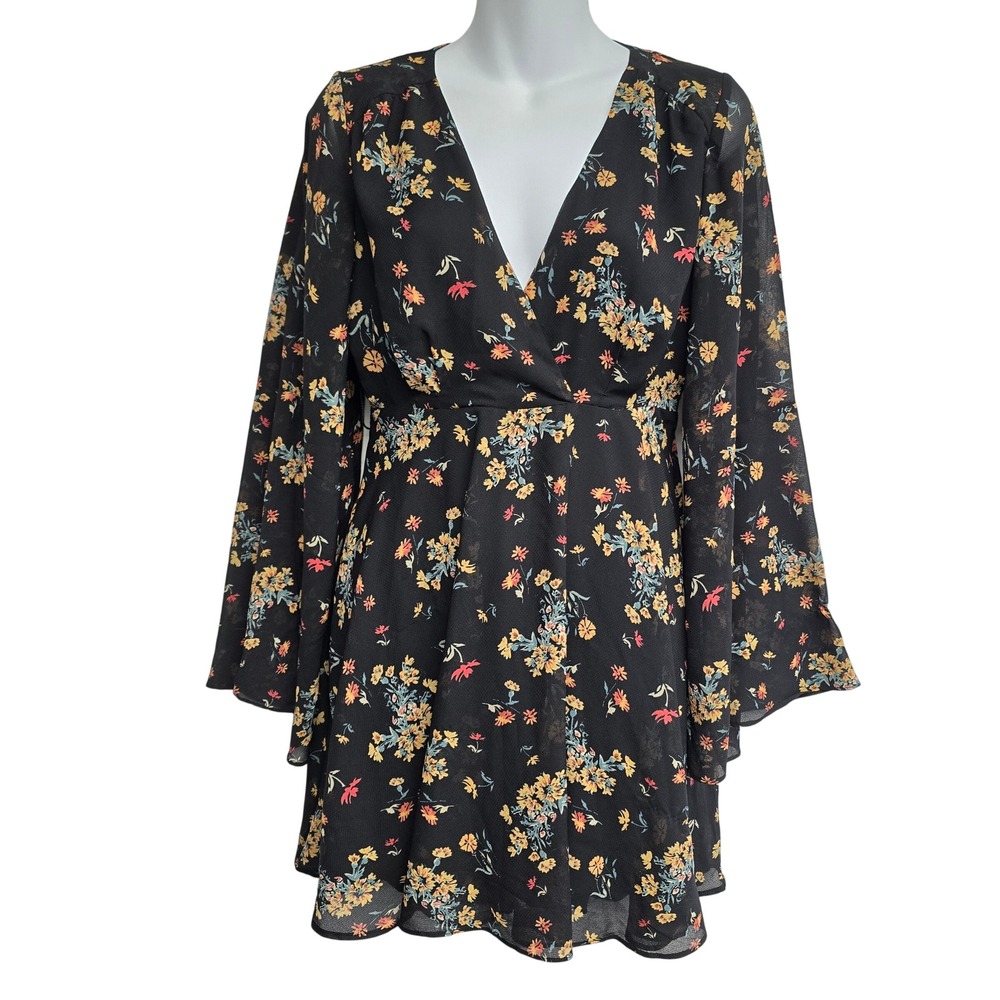 Free People Black Floral Bell Sleeve V-Neck Mini Dress Small Boho Wrap Style